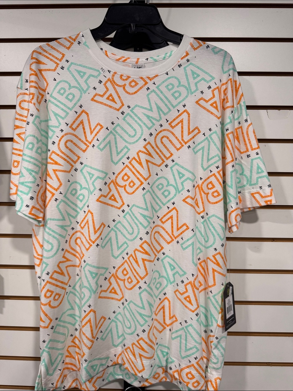 Zumba Fitness White Tee with Mint & Orange All-Over Logo